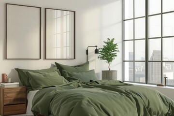 Minimalist bedroom with green bed linen, two blank picture frames on the wall, and wooden nightstands