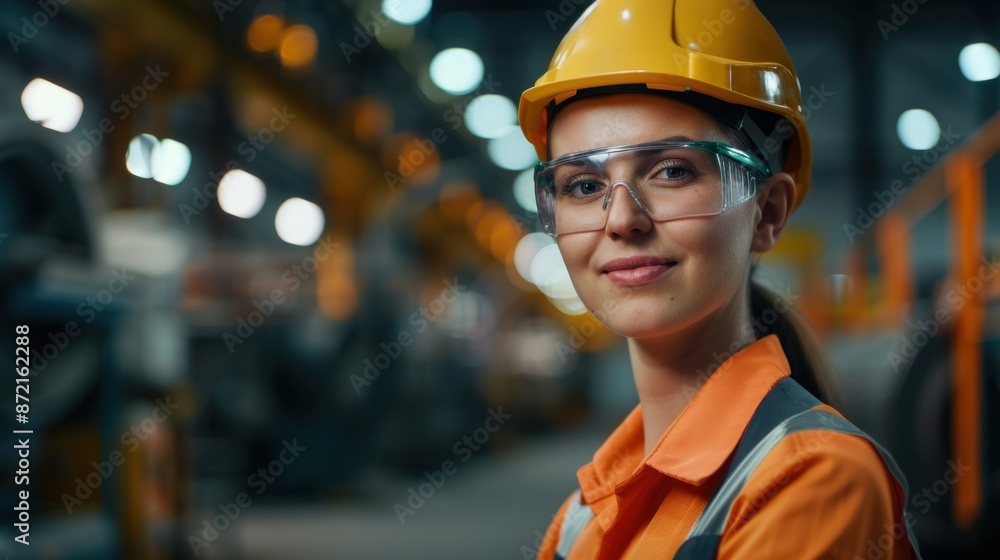 Wall mural Professional Heavy Industry Engineer Worker Wearing Uniform, Glasses, and Hard Hat in a Steel Factory. Portrait of a Beautiful Female Industrial Specialist Standing in a Metal Construction Facility.