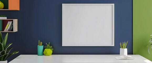 Bright office mockup with a white desk, colorful green accents, and an empty white frame on a dark blue wall in a  layout.