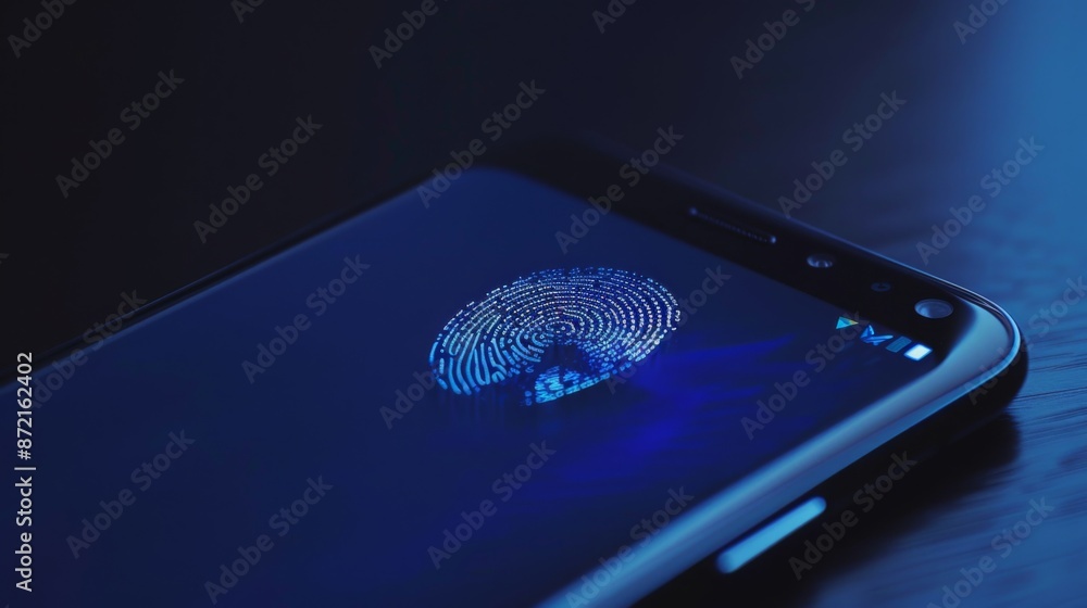 Poster a blue light illuminates a fingerprint sensor on a black smartphone. the sensor is reading a fingerp