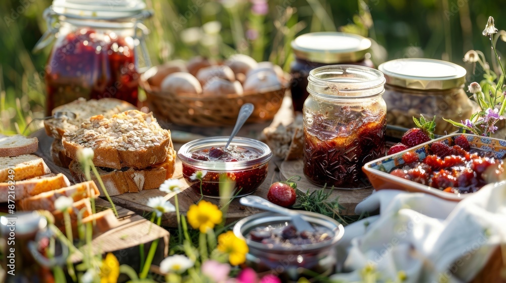 Poster a picnic set up in a field featuring a spread of homemade jams chutneys and bread made from gathered