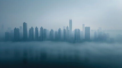 Fototapeta premium Foggy cityscape with tall buildings and a misty atmosphere