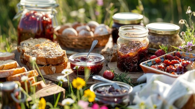 A picnic set up in a field featuring a spread of homemade jams chutneys and bread made from gathered ingredients.