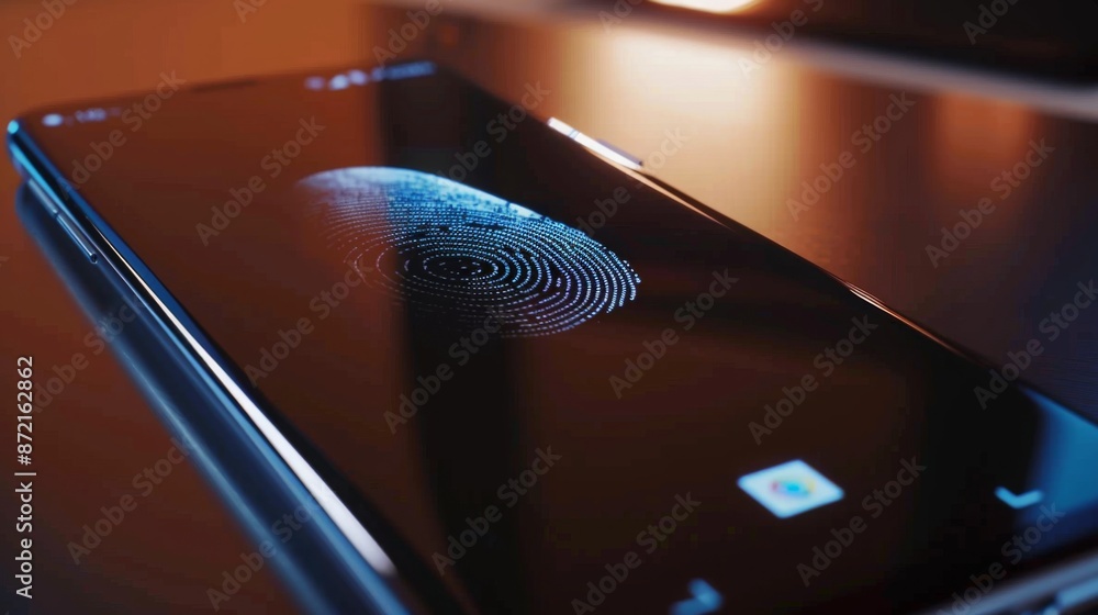 Poster a close-up shot of a fingerprint scanner on a smartphone screen. the scanner is showing a digital fi