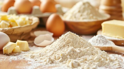 Fototapeta premium A kitchen counter filled with various baking ingredients: flour, sugar, eggs, and butter