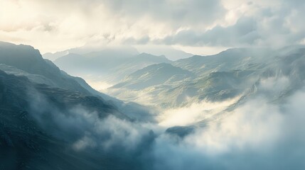 Fototapeta premium misty morning in the mountains, with low clouds hanging in the valleys, sunlight piercing through, creating an ethereal and tranquil atmosphere
