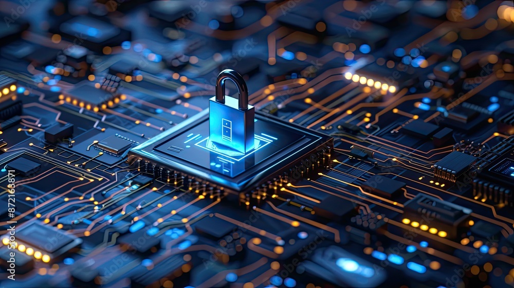 Aufkleber a digital representation of cyber security with a padlock icon integrated into a complex circuit boa
