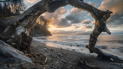 Fototapeta premium A tree trunk is in the water with a wave crashing over it