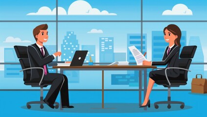 two young professionals in business attire sitting across from each other at an office desk, one holding documents and the other smiling during job interview Generative AI