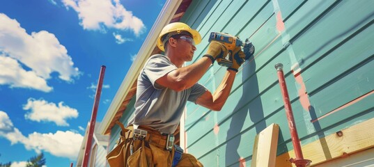 Construction Worker Installing Siding on House Using Power Drill on a Scaffold Under Blue Sky