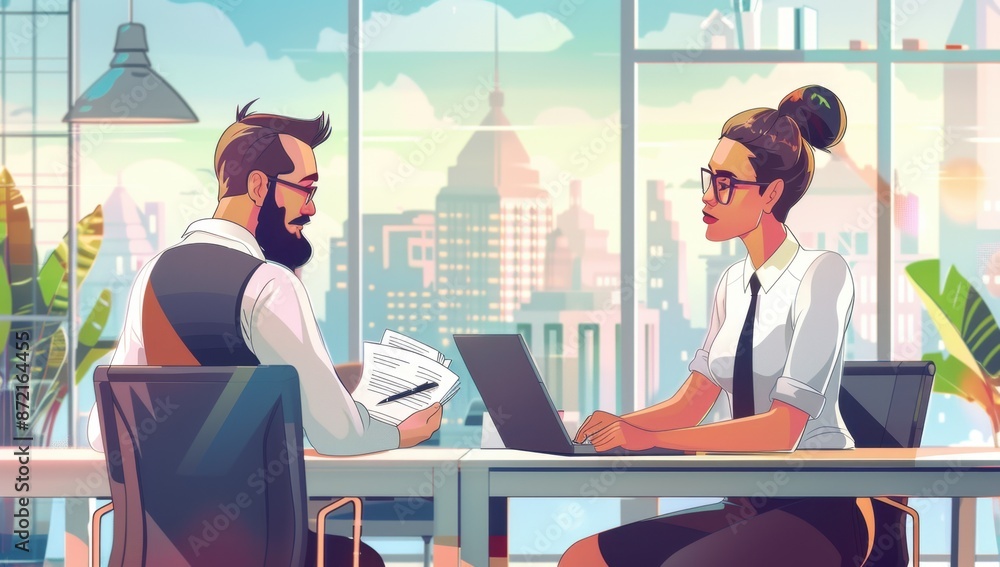 Poster two professionals sitting at a table with documents and laptops, an office background with a citysca