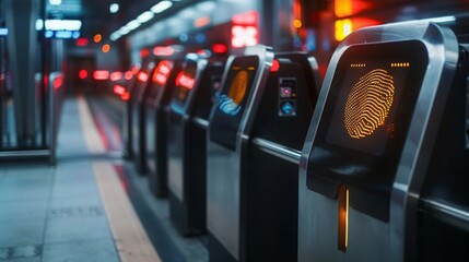 A row of security gates in a modern subway station with digital fingerprint scanners. The gates are designed to check passengers identities and allow access to the station.
