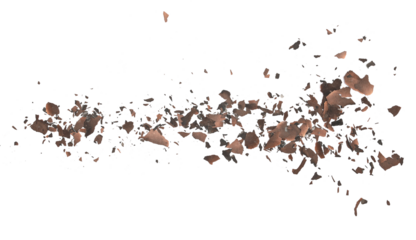 Burned, charred paper scraps, pieces flying isolated on white background, top view