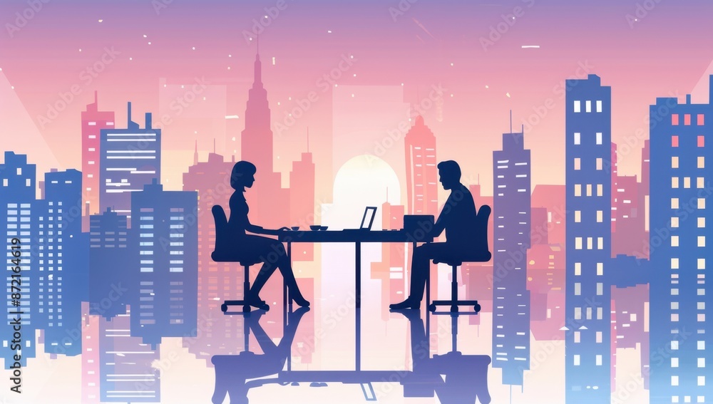 Poster two business people having an interview in the office, with a cityscape background and documents on 