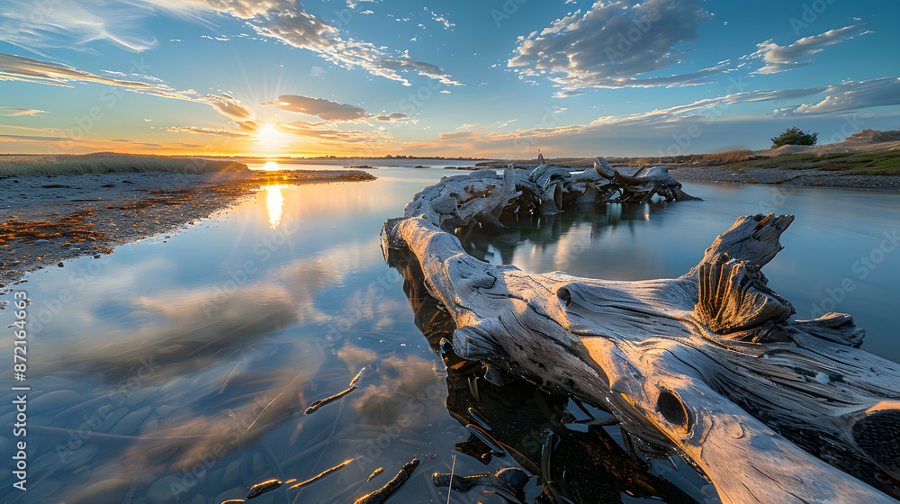 Wall mural a large log is floating in the water, with the sun setting in the background