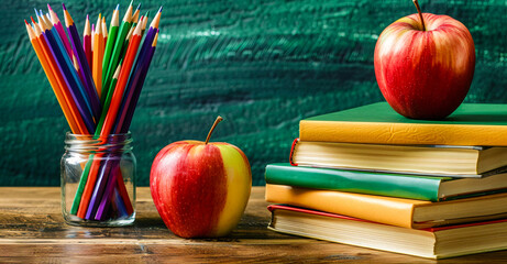 A rocket made of crayons and colored pencils sits on a school desk with books in front of a chalkboard background. An apple and a space drawing are also on the desk in the style of a back to school co