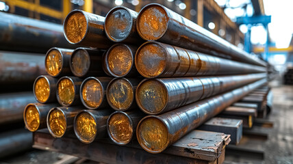 Stack of steel pipes in a metallurgical plant, factory or workshop. Heavy industry and iron materials.