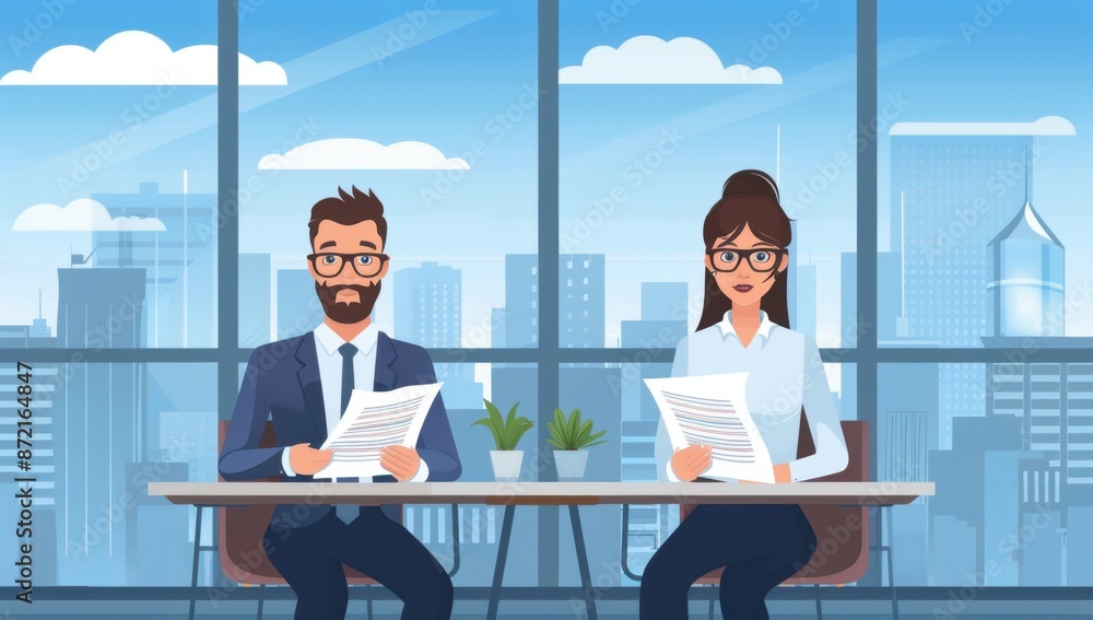 Poster two professional people sitting at the table in an office, with cityscape background and clouds on s