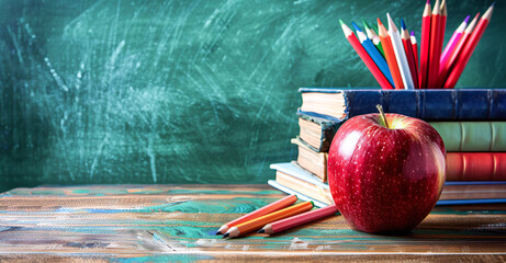 A rocket made of crayons and colored pencils sits on a school desk with books in front of a chalkboard background. An apple and a space drawing are also on the desk in the style of a back to school co