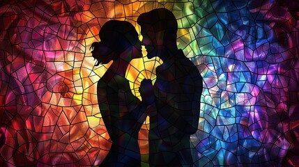 Vibrant stained glass artwork depicting the silhouettes of a romantic couple, featuring colorful and intricate mosaic patterns with a glowing effect.
