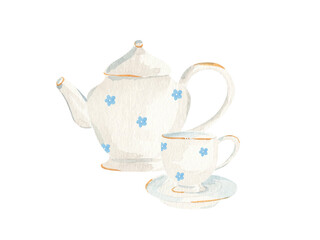Watercolor set of kettle with tea cup composition. Hand drawn illustration, isolated on white background. Decorated with forget-me-not blue flowers. Vintage retro style