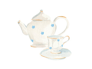 Watercolor set of kettle with tea cup composition. Hand drawn illustration, isolated on white background. Decorated with forget-me-not blue flowers. Vintage retro style