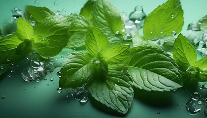 Fresh mint with splashes and water drops on mint color background