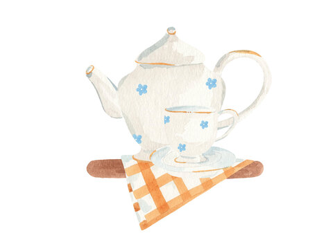 Watercolor set of kettle with tea cup on the tewel composition. Hand drawn illustration, on white background. Decorated with forget-me-not blue flowers. Vintage retro style. Template for kitchen