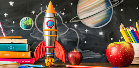 A rocket made of crayons and colored pencils sits on a school desk with books in front of a chalkboard background. An apple and a space drawing are also on the desk in the style of a back to school co