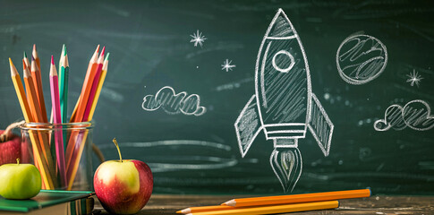 A rocket made of crayons and colored pencils sits on a school desk with books in front of a chalkboard background. An apple and a space drawing are also on the desk in the style of a back to school co