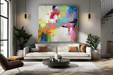A contemporary living room with abstract art on the wall, stylish furniture, and green plants. The space is bright and inviting, perfect for relaxation.
