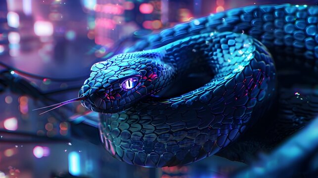 Coiled Snake with Mechanical Fangs Scanning Neon Urban Landscape