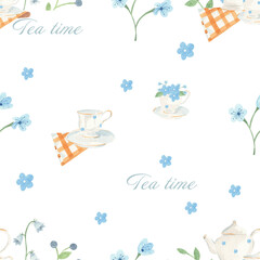 Tea time seamless pattern on white background - watercolor hand drawn cups with Myosotis blue flowers. Tea party template