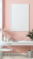 Clean and colorful office setup with light pastel pink walls, white desk, and a blank white frame in a vertical layout.