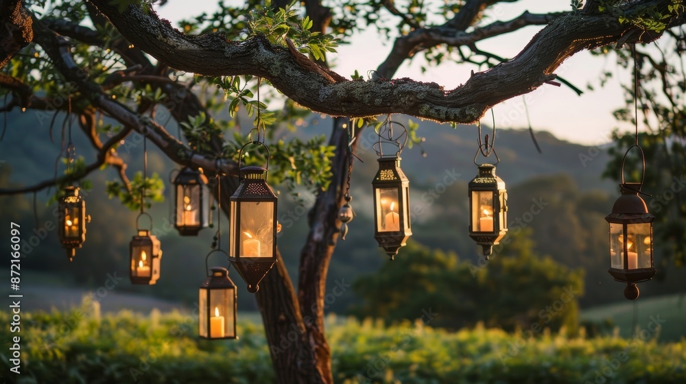 Poster an eclectic mix of vintage lanterns hang from tree branches creating a warm and welcoming ambiance i