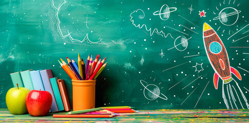 A rocket made of crayons and colored pencils sits on a school desk with books in front of a chalkboard background. An apple and a space drawing are also on the desk in the style of a back to school co