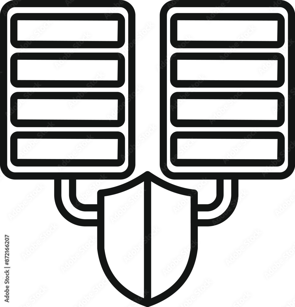 Poster simple line icon of a shield protecting two servers, representing a secure network and data protecti