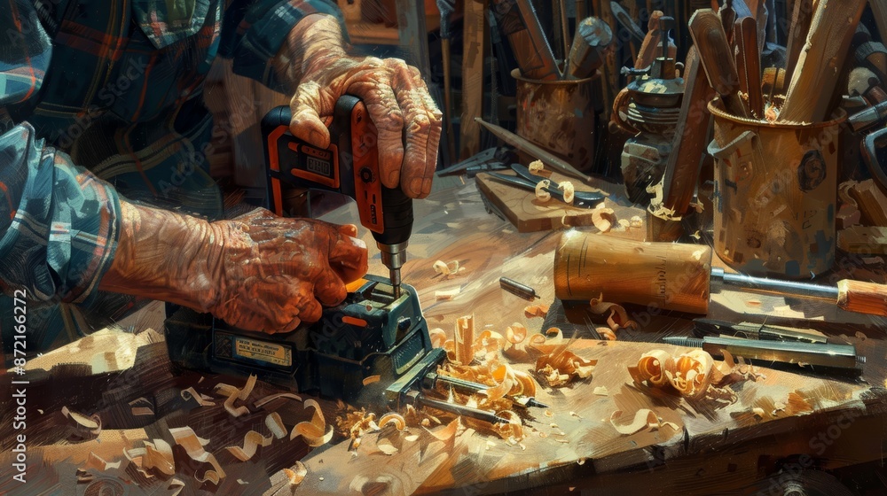 Aufkleber experienced craftsman using power drill on workbench with wood shavings in workshop setting