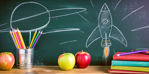 A rocket made of crayons and colored pencils sits on a school desk with books in front of a chalkboard background. An apple and a space drawing are also on the desk in the style of a back to school co