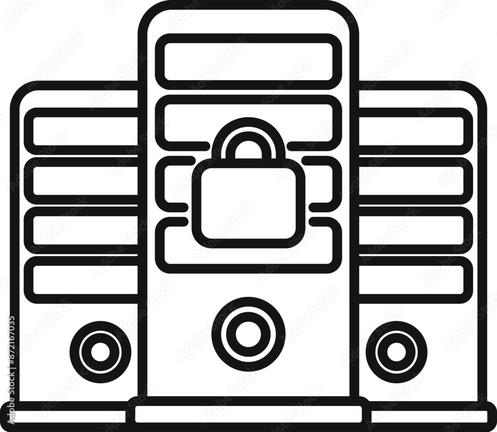 Poster line art style icon of a data center with a padlock, representing data security and protection