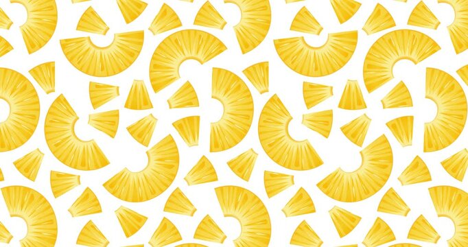 4K animated pattern of pineapple pieces moving from top to bottom. Juicy pineapple slices in a hand-drawn style creating a repeatable background. Horizontal video.