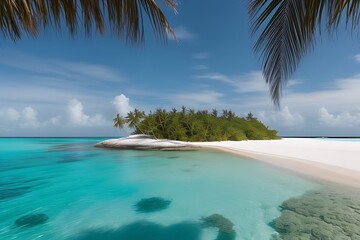 Remote island with crystal-clear waters, palm-fringed beaches.