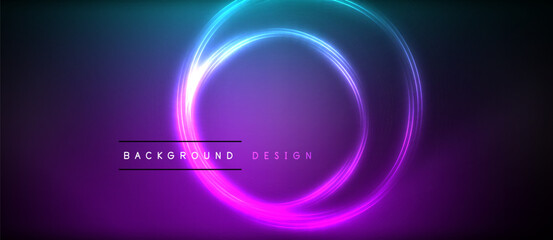 Neon glowing circle rays, light round lines in the dark, planet style neon wave lines. Energetic electric concept design for wallpaper, banner, background