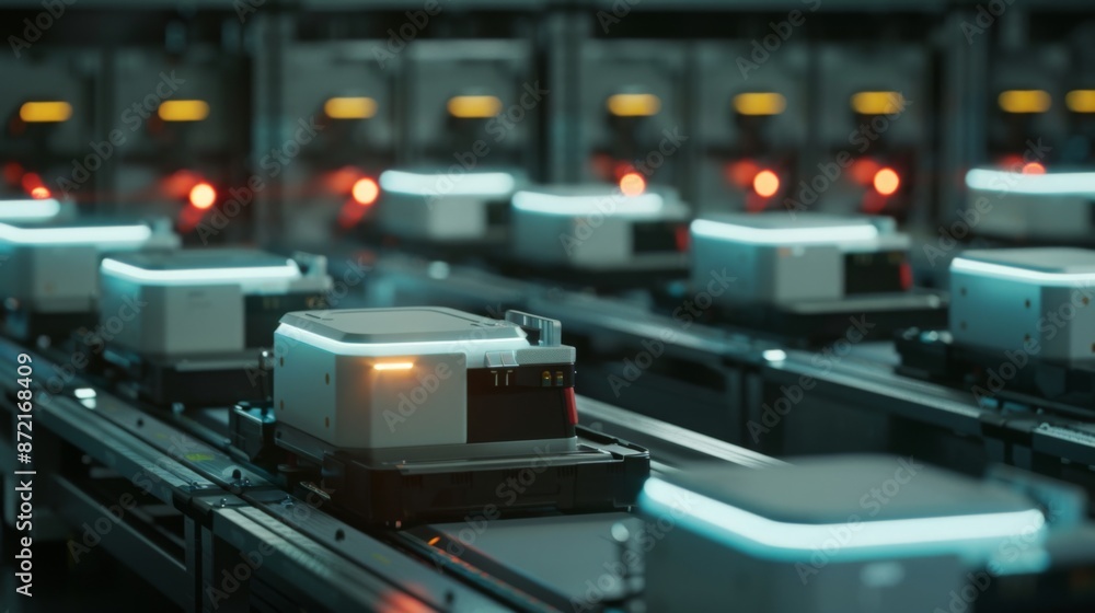 Poster An automated production line with packages moving along conveyor belts in a futuristic factory setting.