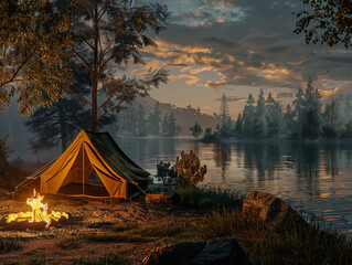Campsite at Dusk, Generative AI Illustration