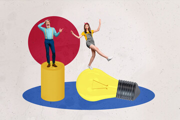 Creative picture collage young man woman successful startup business golden coins stack lightbulb...
