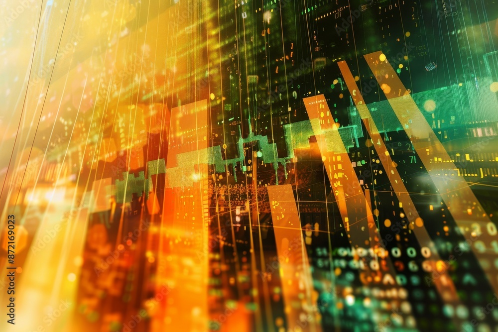 Poster a digitally enhanced image featuring financial charts and graphs