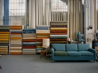 Fabric Stacks and A Waiting Sofa in a Textile Workshop
