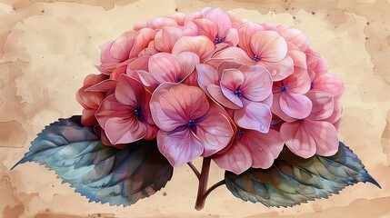   Pink Flower Painting on Paper with Leaf Base