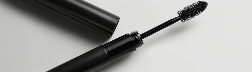 Fototapeta premium Cylindrical mascara tube with sleek design, striking eyes, lengthening and thickening formula, dramatic lashes